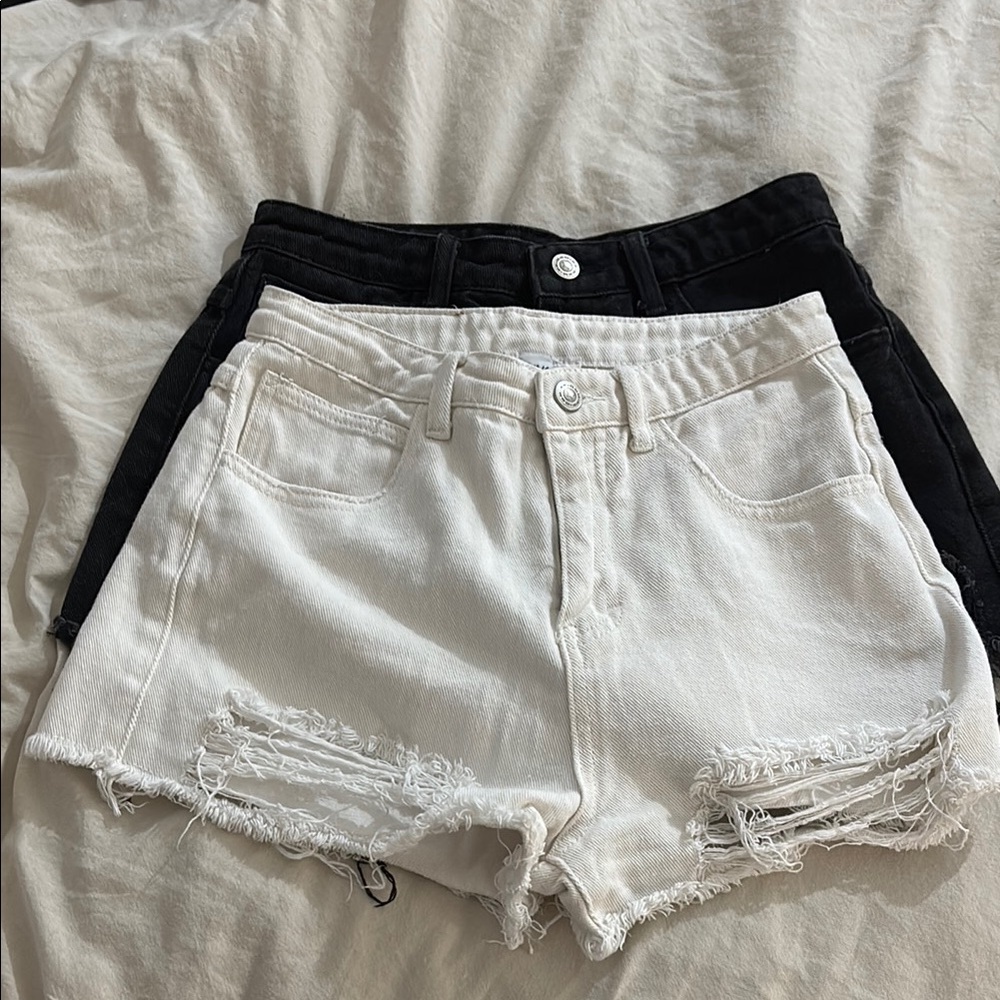 Princess Polly Black and White Jean Shorts Distressed Raw Hem